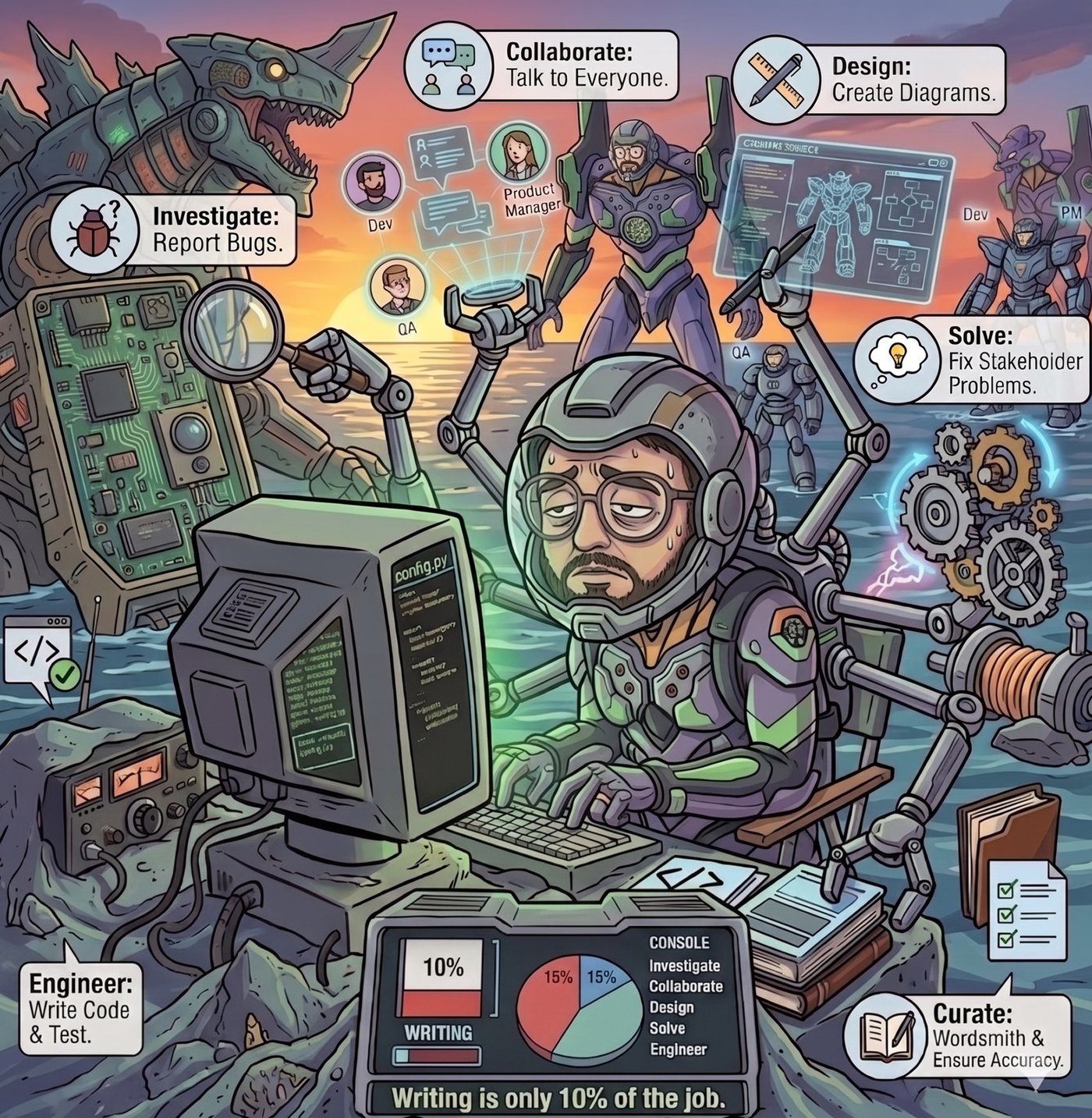 Illustration of a technical writer at a crowded workbench, surrounded by icons of the job's many hats: collaborating, engineering, investigating, designing, curating, and solving