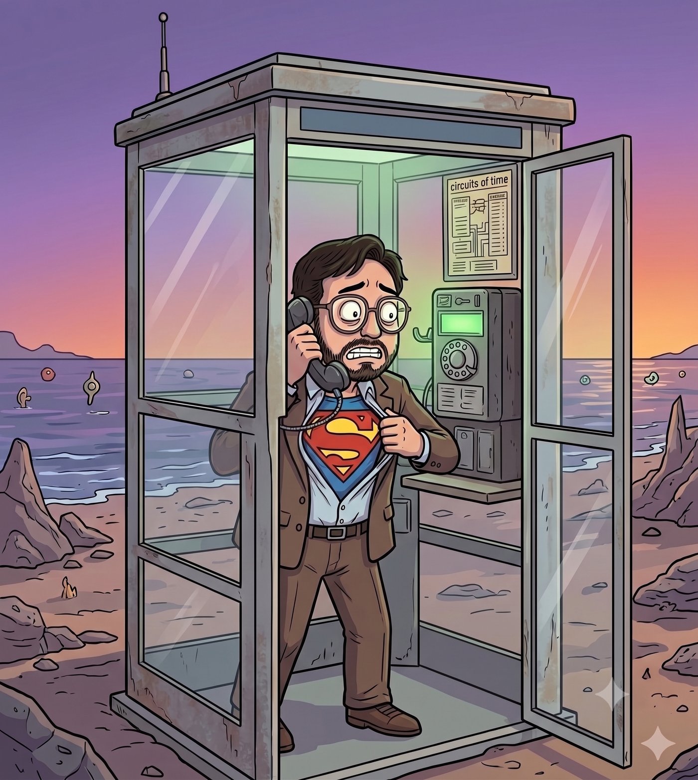 The character is standing in a phone booth, holding a phone receiver to his ear. He looks somehow worried.