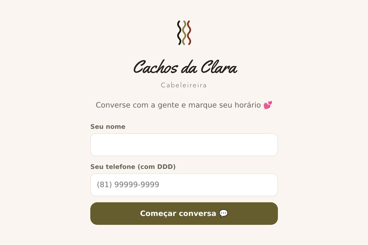 Tela inicial do Cachos da Clara, onde a cliente informa nome e telefone para começar uma conversa