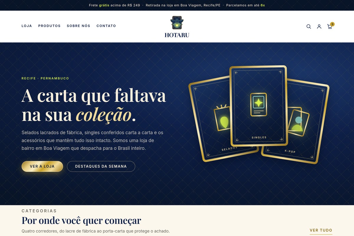 Home da loja Hotaru, com o vaga-lume dourado e as cartas colecionaveis